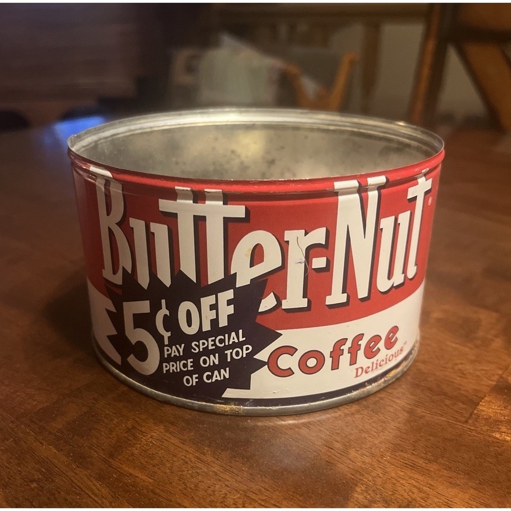 Vintage Butter-Nut Coffee Tin Can 1 Pound - No Lid - 5 Cents Off